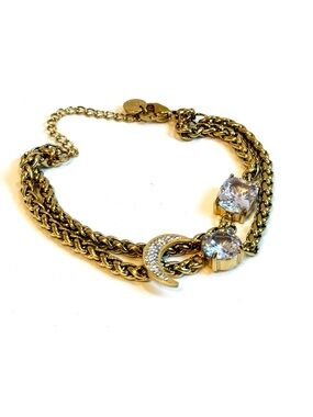 Gold Celestial Crescent Moon Crystal Double Chain Bracelet | NWT